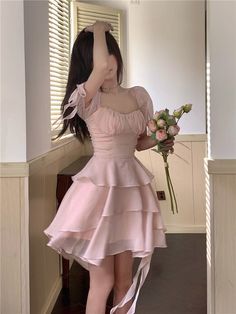 Aiertu Fairy Dress Ruffled Puff Sleeve Dress Solid Square Collar Women's Summer Dress Chic High Waist Sweet Pink Cake Short Fairy Dress Vestidos Aiertu Short Dress Women, France Style, Pink Kawaii, Homecoming Party, Dresses Cute, Dress Women Elegant, Puff Sleeve Dress, Midi Dresses, Sleeve Dress