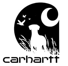 the logo for carnart with a dog sitting in front of it and birds flying around