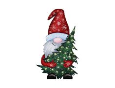 an inflatable santa clause standing next to a christmas tree with lights on it