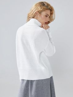 Stylewe White Daily Long sleeve Turtleneck Regular Fit Sweater | stylewe Cozy White Stretch Cardigan, Cozy Stretch White Cardigan, White Turtleneck Loungewear Top, White Turtleneck Top For Loungewear, White Stretch Sweater, White Stretch High Neck Sweater, White Crew Neck Sweater For Daywear, White High Neck Sweater For Fall, Cozy White Funnel Neck Top