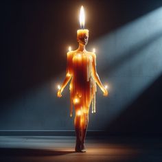 a lit up mannequin in the middle of a dark room with light coming from its head