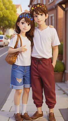 two children standing next to each other on the sidewalk