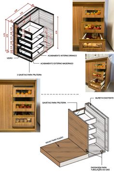 three different views of an open cabinet with drawers and the contents labeled in red text