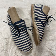 New Never Worn Outside. Previous Store Display. Has Minor Scuffs Due To Being Stored. Lace Up Closure Navy And White Stripes Canvas Upper Espadrille Style Rubber Soles Blue Round Toe Espadrilles For Vacation, Blue Round Toe Espadrilles For Beach, Navy Casual Espadrilles For Summer, Studded Loafers, Striped Flats, Espadrille Sneakers, Espadrilles Style, Leather Boat Shoes, Leather Oxford Shoes