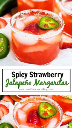 strawberry jalapeno margaritas with lime and strawberries on the rim, served in glasses