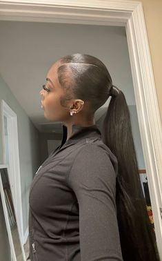 3part Slick Ponytail, Mid Part Ponytail, Ponytail With Part, Middle Slick Back Ponytail, 3 Part Slick Back Ponytail, 3 Part Slick Back, Mid Ponytail Hairstyles, Slick Back Ponytail Weave, V Part Ponytail