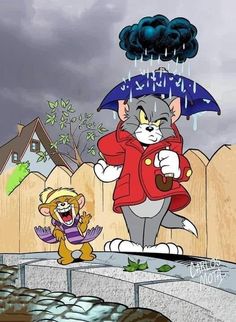 an image of a cartoon cat and mouse in the rain