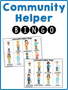 the community helper bingo game is shown in blue and white with text that reads community help