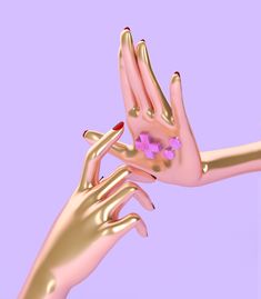 two hands reaching out towards each other with gold and pink manicures on them