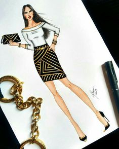 a drawing of a woman wearing a skirt and heels with a gold keychain