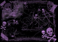 a group of skulls and bones on a black background with purple ink in the middle