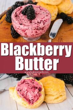 blackberry butter in a glass bowl with blackberries on top and the words blackberry butter overlay