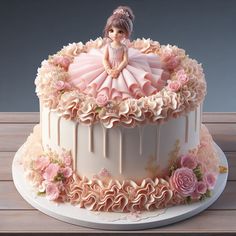 there is a cake decorated with flowers and a doll on top