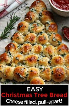 a cheesy christmas tree bread is shown with the words easy christmas tree bread