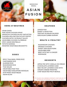 Spanish Asian Fusion, Asian Food Wedding Buffet, Asian Wedding Buffet, Latin Asian Fusion Food, Summer Dinner Party Menu, Afro Asian, Asian Fusion Wedding, Bbq Chicken Flatbread, Puff Pastry Chicken