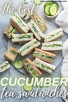 the best cucumber tea sandwiches on a plate with cucumbers around it