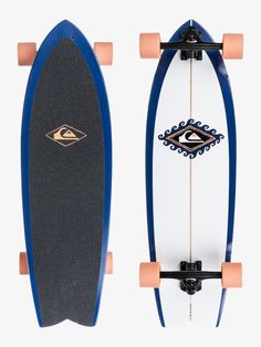 two skateboards side by side, one with an eye on it