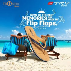 two people sitting on beach chairs with flip flops in front of them and the words, some of the best memories made in flip flops