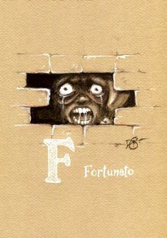 a drawing of a dog sticking its head out of a hole with the word f on it