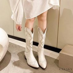 Lasaky - Western Style Embroidered Cowgirl Boots: Knee-High, Pointed Toe, Chunky Heel, Over-the-Knee Riding Boots Cowboy Boots For Women, Botas Western, Platform Boots Women, White Cowboy Boots, Western Shoes, Pu Boots, Beige Heels, Western Chic, Pointed Toe Boots