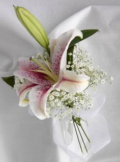 a white and pink flower bouquet with baby's breath in the center on a white background