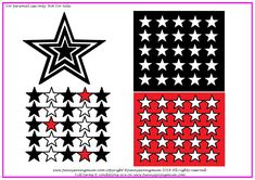 four different stars with red, white and black colors