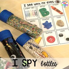 i spy bottles are filled with different items to help kids learn how to spell the letter b