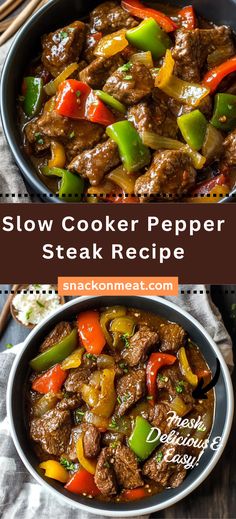 slow cooker pepper steak recipe in a skillet