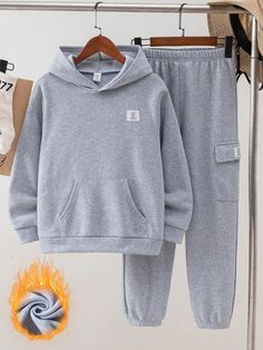 Tween Boy Casual Set 2pcs, Hooded Sweatshirt (Oversized) And Jogger Pants, Fleece-Lined Thickened For School, Commute, Everyday & Sports, Autumn/Winter Grey Casual  Long Sleeve Knitted Fabric Letter  Medium Stretch  Tween Boys Clothing, size features are:Bust: ,Length: ,Sleeve Length: Jogger Pants Casual, Practical Fashion, Drawstring Waist Shorts, Hoodie And Sweatpants, Sweatpants Set, Teenager Outfits, Casual Stripes, Oversized Hoodie, Boys Casual