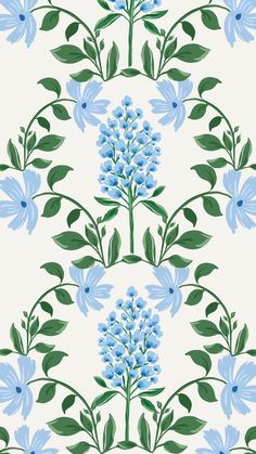 blue flowers and green leaves on a white background