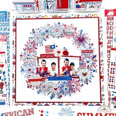 an american flag and fireworks are featured in this patriotic photo frame with red, white, and blue decorations