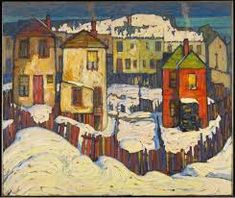 a painting of houses in the snow with buildings on either side and one red building at the far end