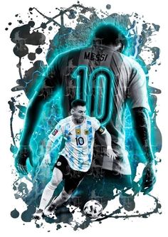 two soccer players are in the middle of an artistic photo with blue paint splatters