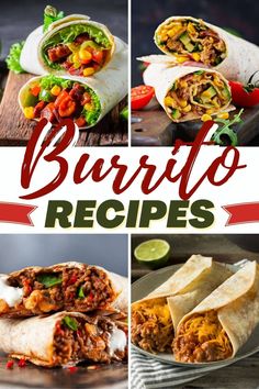 burritos with different fillings and toppings are shown in this collage