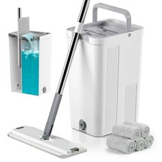 an image of a vacuum cleaner and cleaning supplies set up on a white background with blue water