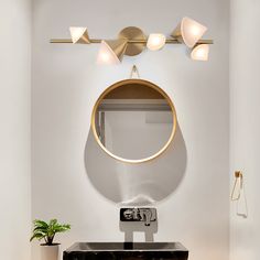 a bathroom with a sink, mirror and potted plant