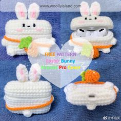 four crocheted bunny bunnies with carrots in the middle and one on top