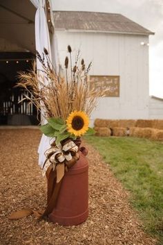 a sunflower in a vase on the side of a barn