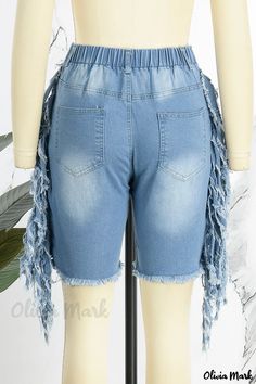 Olivia Mark - Pantalones cortos vaqueros rectos de cintura alta en azul claro Street Solid Tassel Ripped Patchwork Design Shorts Denim, Denim Patchwork, Color Pick, Short En Jean, Patchwork Designs, Olivia Mark, Tassels, Denim Shorts, High Waist