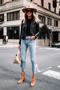 Jeans And Black Leather Jacket Outfit, Jeans And Jacket Outfit Women, Fall Bootie Outfits Women, Faux Leather Jacket Outfit Fall, Jean Jacket Looks For Women, Cognac Cowboy Boots Outfit, Black Western Booties Outfit, Black Leather Button Up Shirt Outfit, 40th Bday Outfits For Women