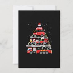 a christmas card with a firetruck and santa's hat on the top