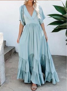 V Neck Flare Sleeve Sleeve Long Dress sold by KoKo Fashion on Storenvy Boho Robes, Long Dresses Casual Maxi, Maxi Dress Outfit, Bohemian Maxi, Plain Dress, Bohemian Maxi Dress, Short Sleeve Maxi Dresses, Summer Fashion Dresses, Maxi Robes