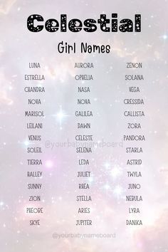 Celestial starry space themed names for girls ✨ #stars #space #names #girlnames #babynames #girlmom #nameinspo #nursery #babyshower #genderreveal #astronomy #astrology #names #nameideas #pregnant #pregnancy #nursing #namesforgirls #girlpower #momthings #motherhood #maternity #fashion #expecting #pregnancyannouncement #manifestation #babygirl #babygirlnames #nurseryideas Names That Mean Galaxy, Names That Means Star, Universe Names Ideas, Galaxy Names For Girls, Astronomy Names Girl, Names That Mean Universe, Galactic Names, Galaxy Name Ideas, Sky Name Ideas