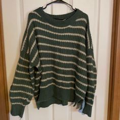 Boutique Knitted Oversized Knitted Sweater. Absolutely Stunning In Person. Size Small But Would Fit Up To A Large. Oversized Green Cotton Sweater, Striped Knitted Sweater Green, Cozy Hand-knitted Green Sweater, Vintage Green Oversized Sweater, Green And Yellow Striped Sweater, Sleeveless Sweater Cardigan, Oversized Black Sweater, Soft Knit Cardigan, Puff Sleeve Cardigan