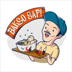 a man holding a tray with food on it and the words bakeso sap?