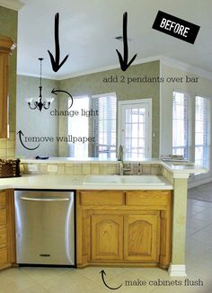 an image of a kitchen with the words before and after