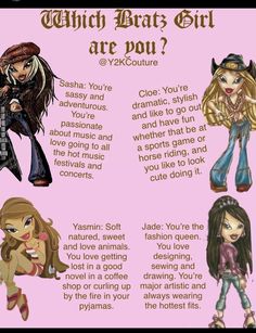 Bratz Dolls Characters Names, Bratz Dolls Aesthetic Quotes, Bratz Characters Names, Bratz Personalities, Bratz Art Aesthetic, Bratz Nicknames, 2000s Fashion Bratz, Brats Asthetics, Bratz Doll Yasmin Aesthetic