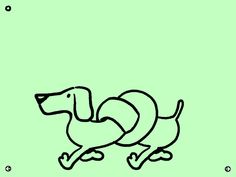 a black and white drawing of a dachshund dog on a green background