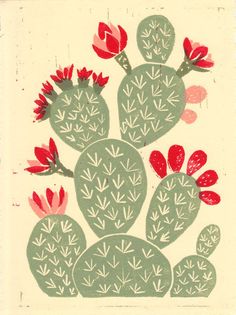 a drawing of a cactus with red flowers on it