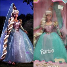 two barbie dolls are shown side by side, one in blue and the other in pink